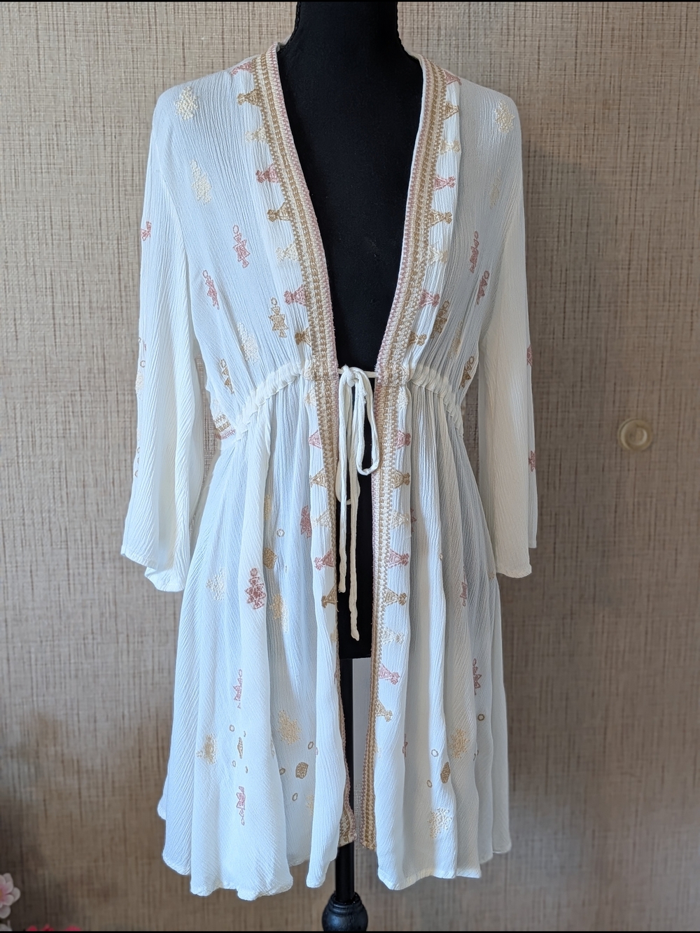 Cream Embroidered Tie-Front Sheer Flowy Tunic with Metallic Accents